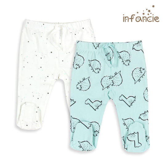 Infancie 2-Pc 100% Cotton Footed Baby Pants (Mint Dino)