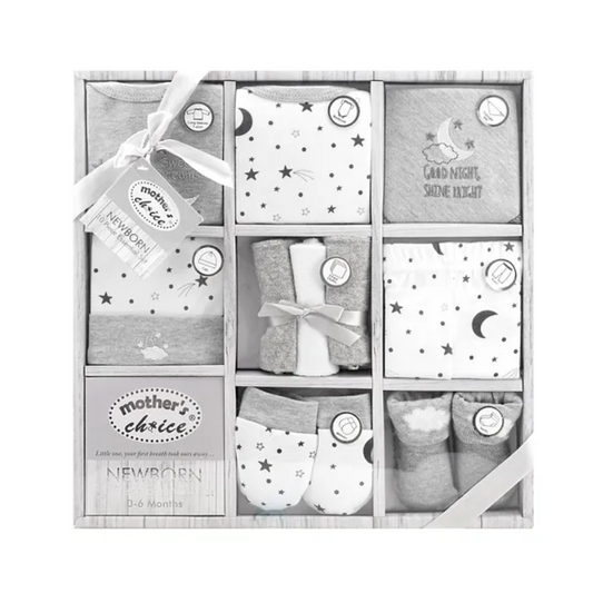 MOTHER'S CHOICE 10-Pc Baby Bodysuit, T-shirt, Pants, Hat, Mittens, Bib, Socks & Wash Cloths Gift Box Set (Grey)
