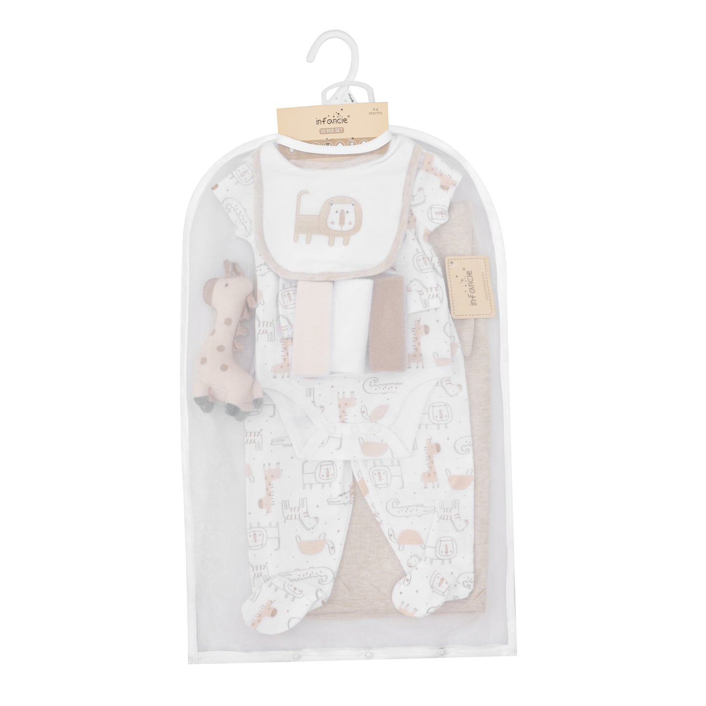 Infancie 10-Pc Baby Layette Set - Bodysuit, Pants, Hat, Bib, Blanket, Toy, 3 Face Cloths & Net bag (Beige Giraffe)