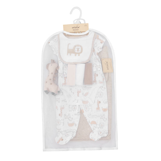 Infancie 10-Pc Baby Layette Set - Bodysuit, Pants, Hat, Bib, Blanket, Toy, 3 Face Cloths & Net bag (Beige Giraffe)