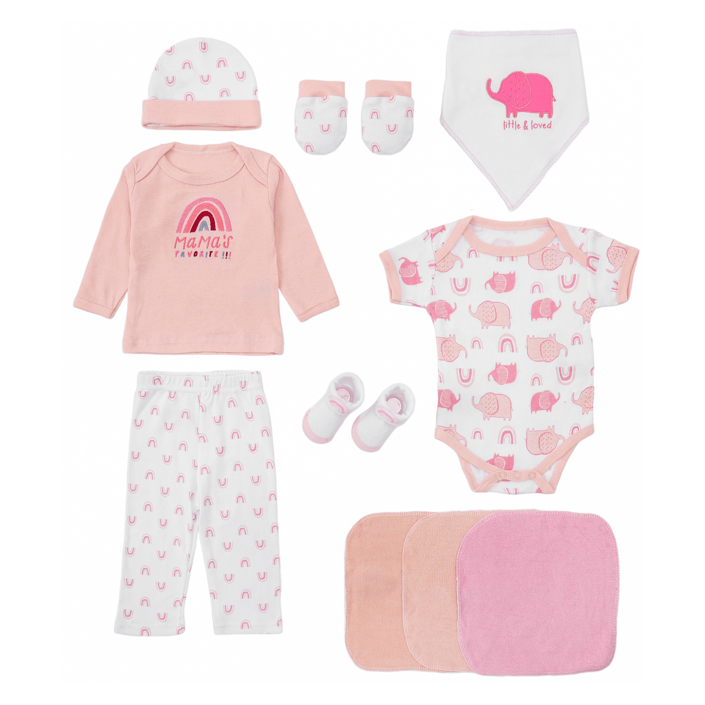 MOTHER'S CHOICE 10-Pc Baby Bodysuit, T-shirt, Pants, Hat, Mittens, Bib, Socks & Wash Cloths Gift Box Set (Pink Rainbow)