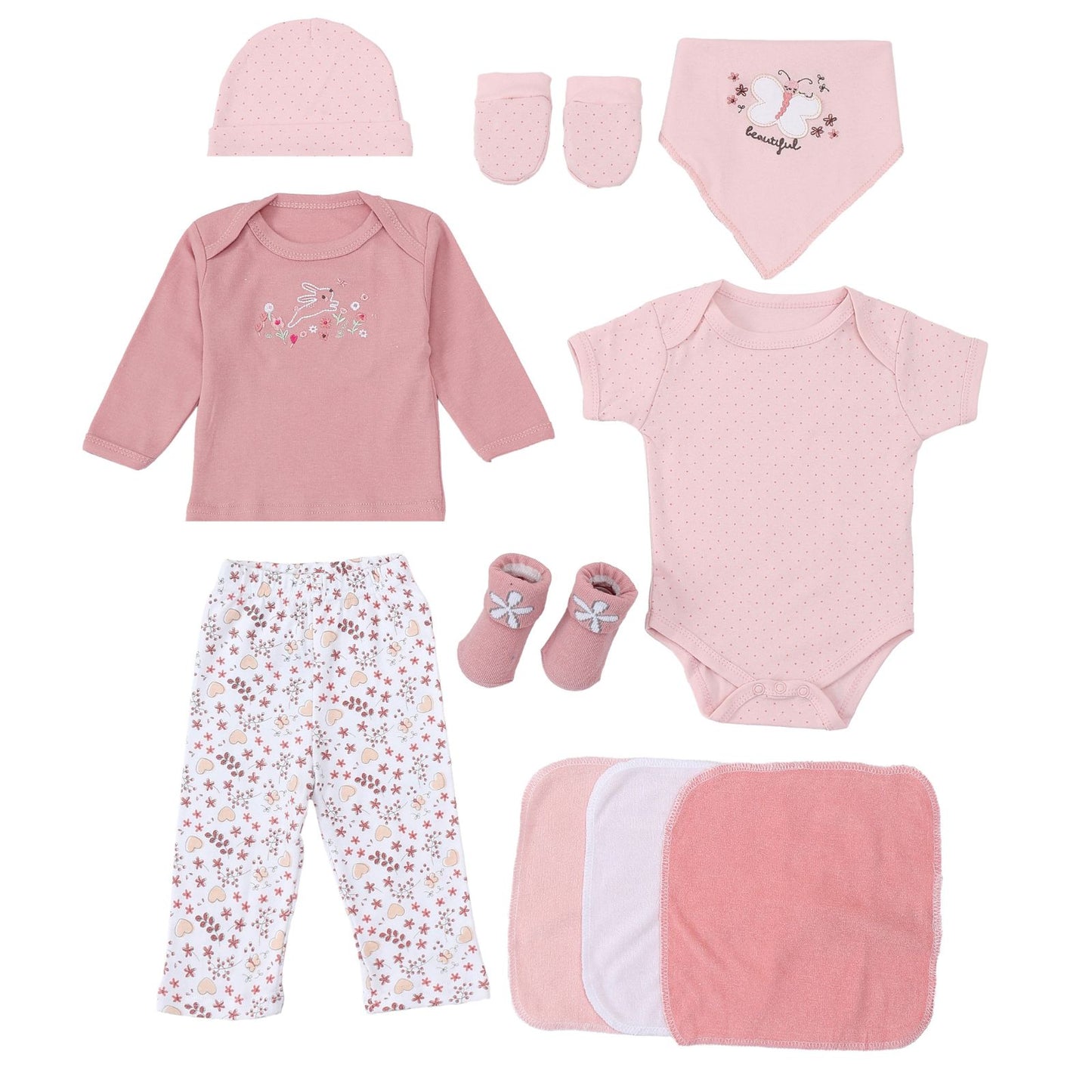 MOTHER'S CHOICE 10-Pc Baby Gift Box - Bodysuit, T-Shirt, Pants, Hat, Mittens, Bib, Socks & 3 Wash Cloths (Garden)