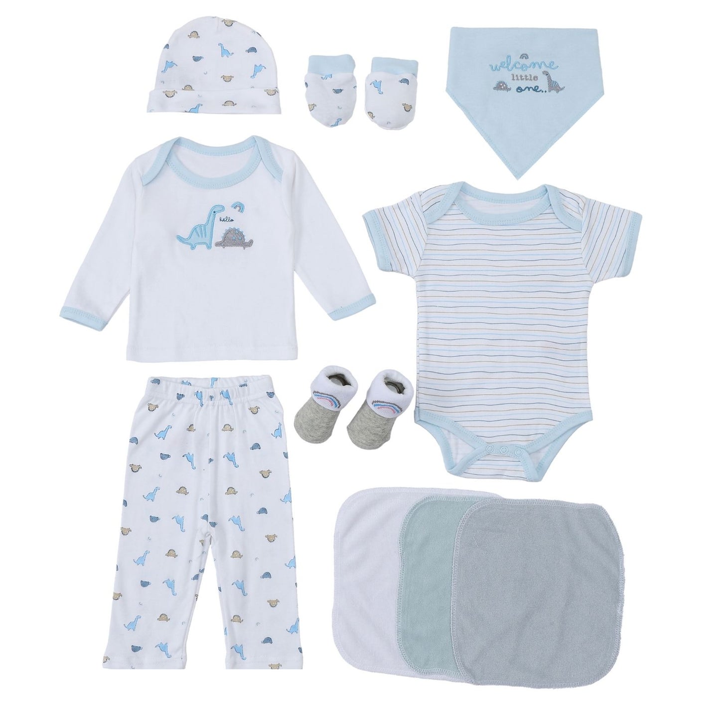 MOTHER'S CHOICE 10-Pc Baby Gift Box - Bodysuit, T-Shirt, Pants, Hat, Mittens, Bib, Socks & 3 Wash Cloths (Blue Dino)