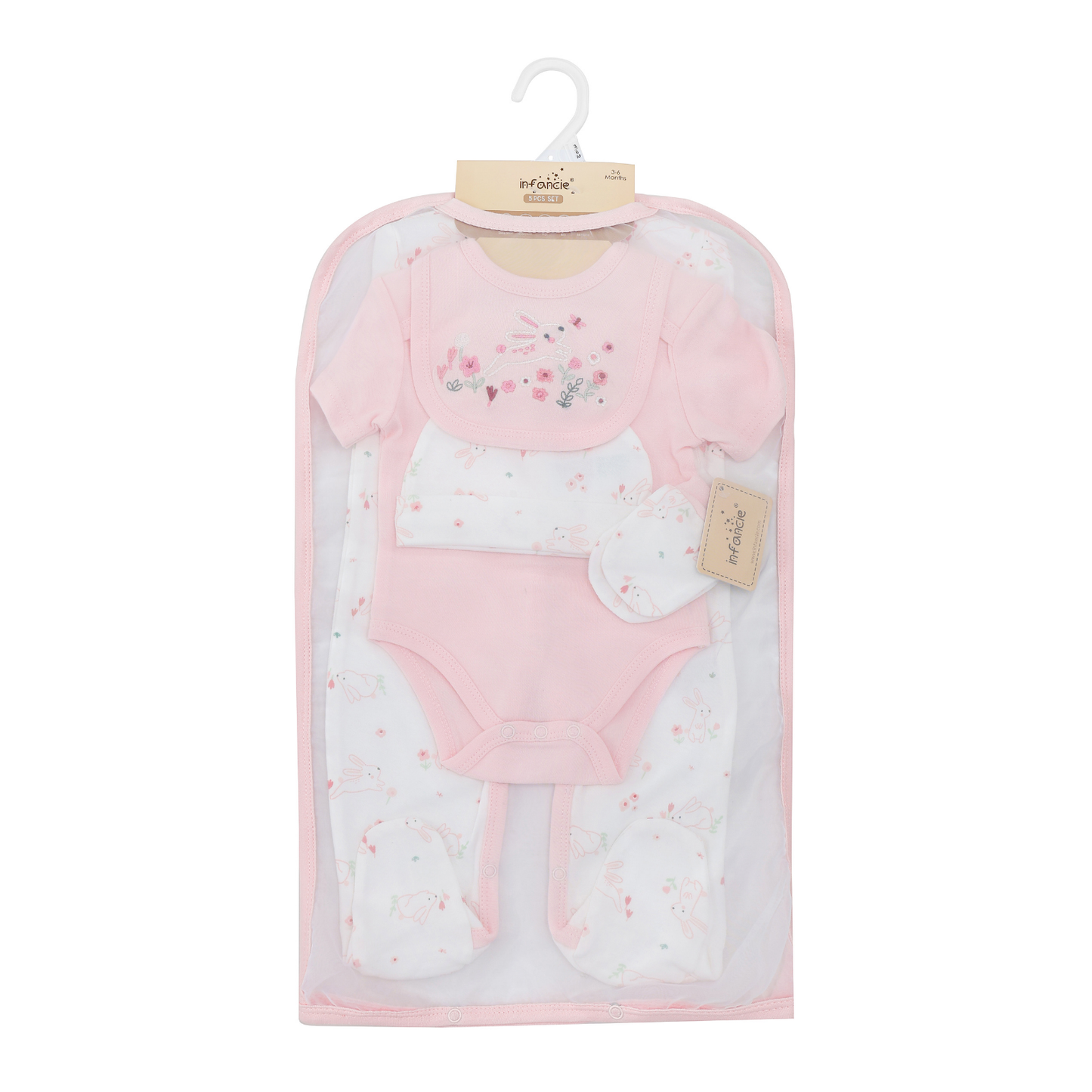 Infancie 5-Pc Baby Layette Set - Grower, Bodysuit,Bib,Hat and Mittens (Pink Bunny)