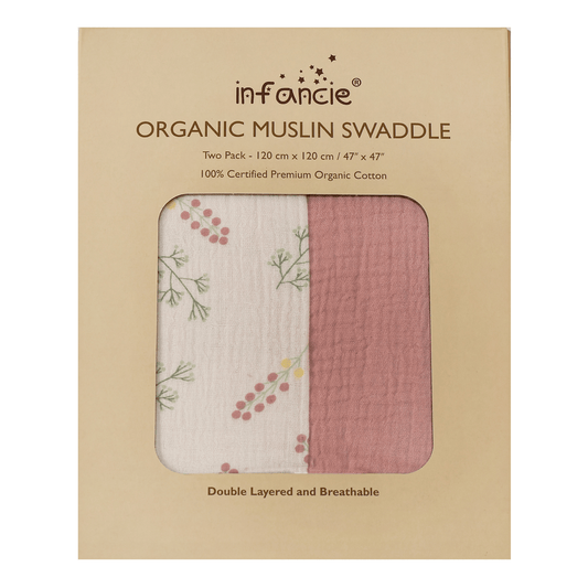 INFANCIE 2-Pc Organic Cotton Baby Muslin Blanket Gift Set (Dusty Rose / Bloom)