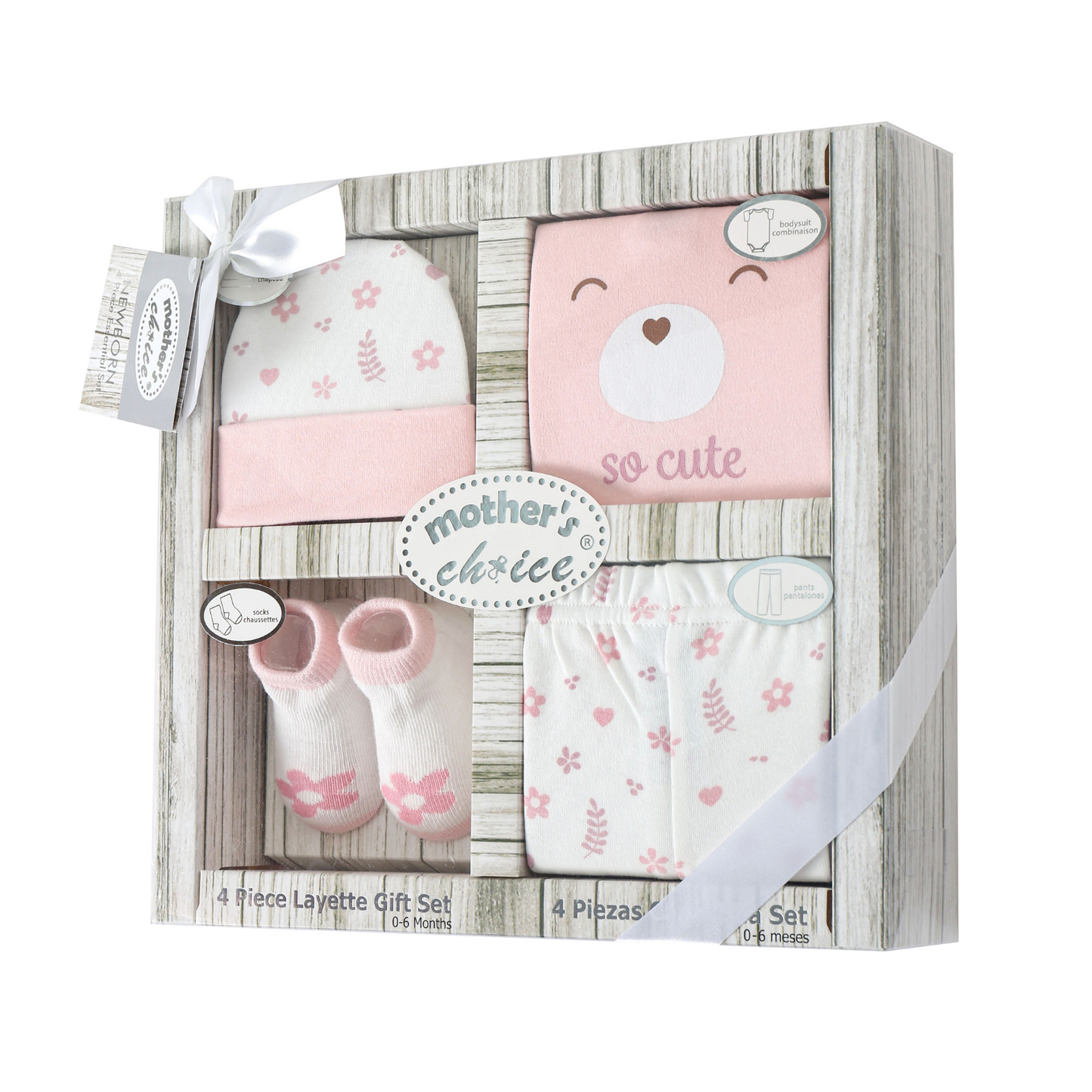 MOTHER'S CHOICE 4-Pc Baby Bodysuit, Pants, Hat & Socks Gift Box Set (Pink Bear)