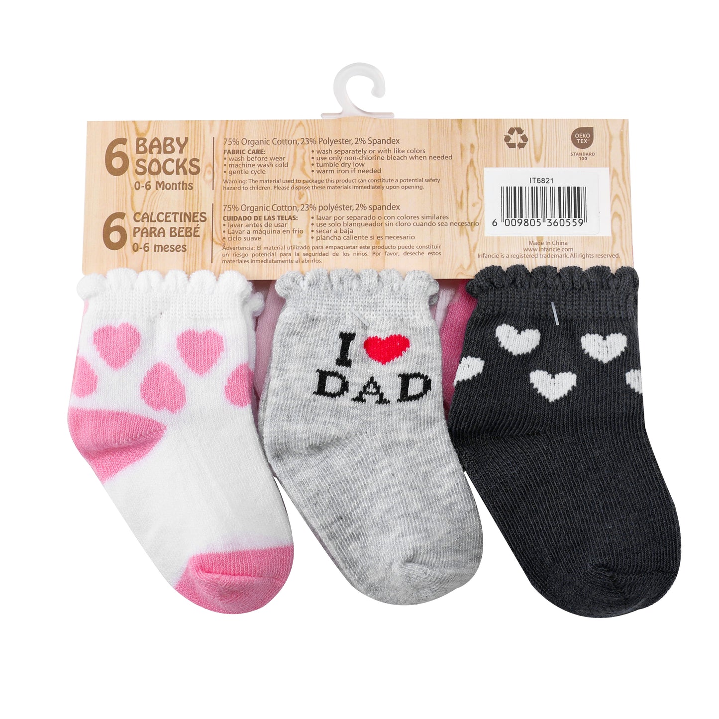 INFANCIE 6-Pk Newborn Baby Socks Set (0-6m, Pink, I Love Mommy)