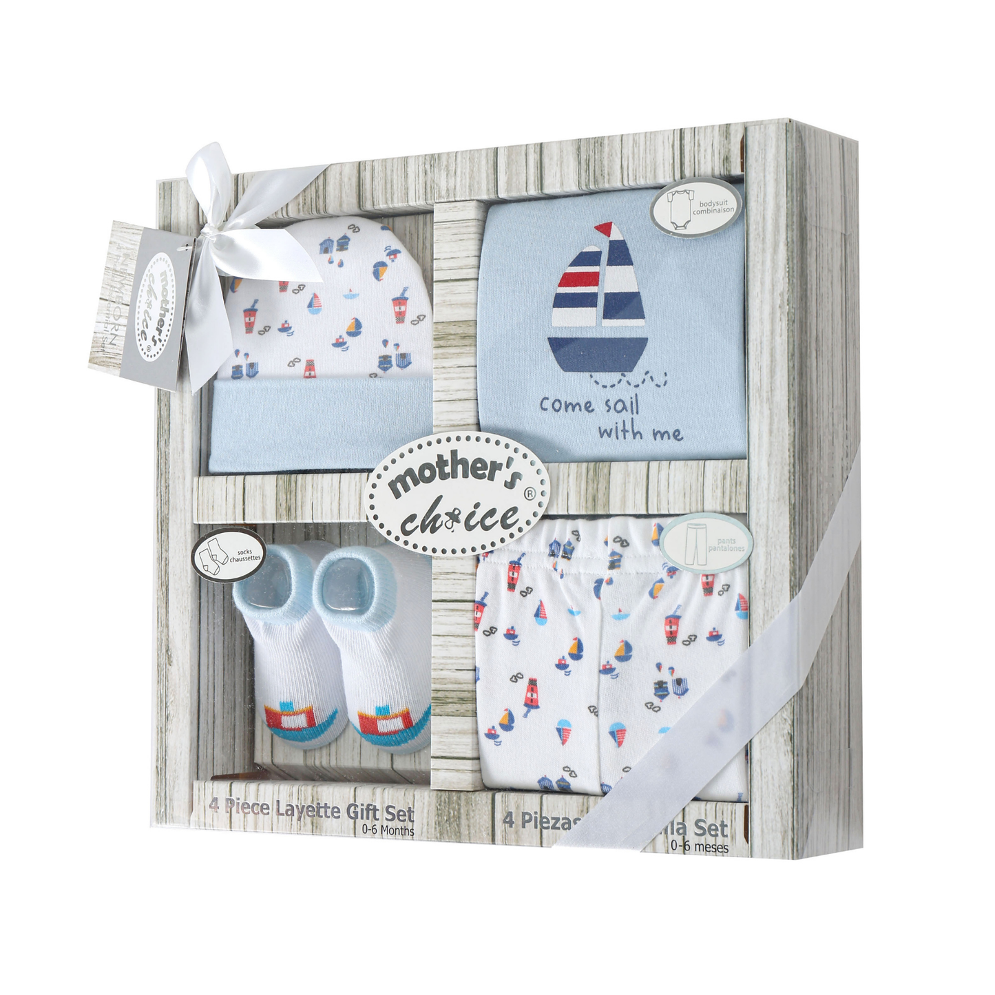 MOTHER'S CHOICE 4-Pc Baby Bodysuit, Pants, Hat & Socks Gift Box Set (Blue Yacht)