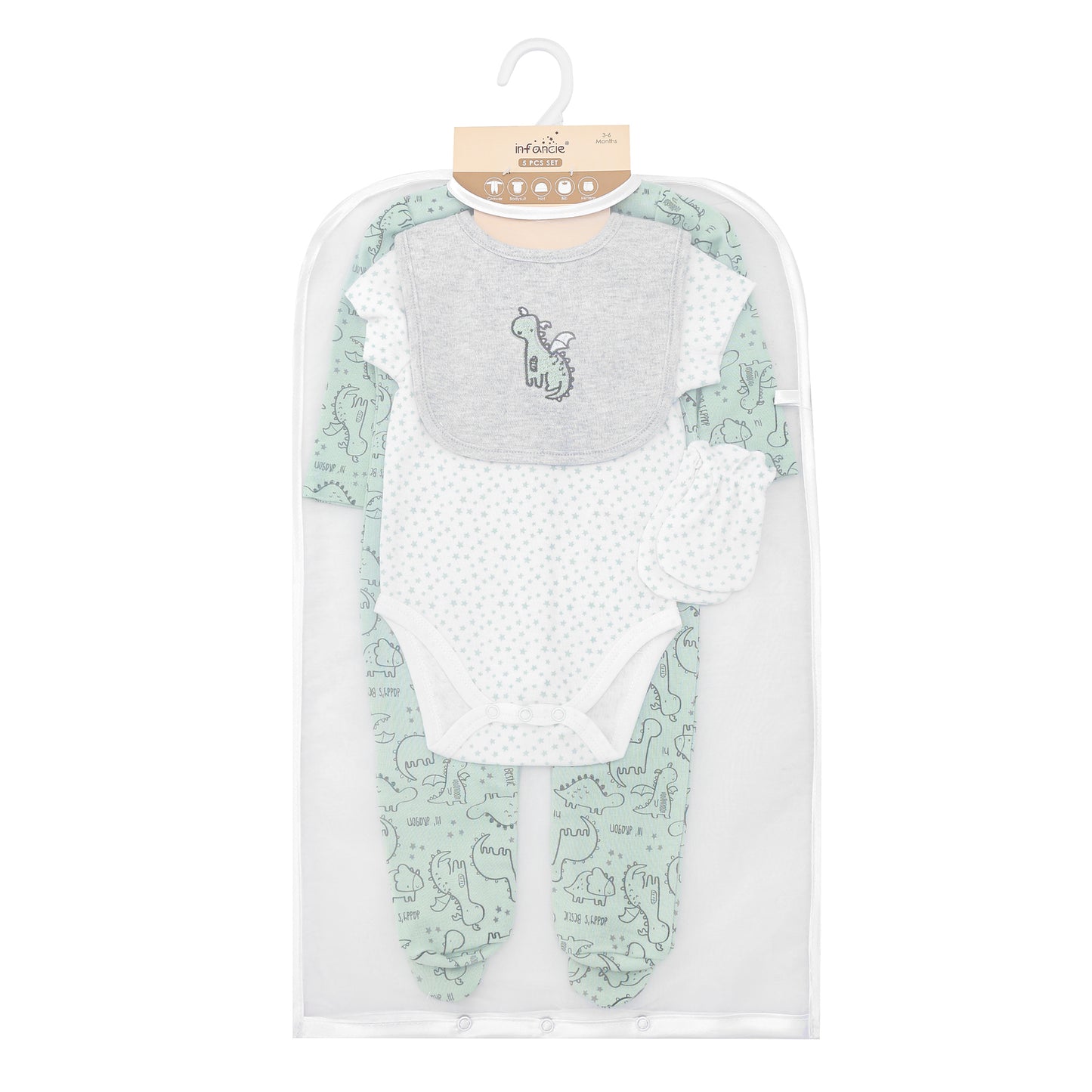 Infancie 5-Pc Baby Layette Set - Grower, Bodysuit,Bib,Hat and Mittens (Green Dino)