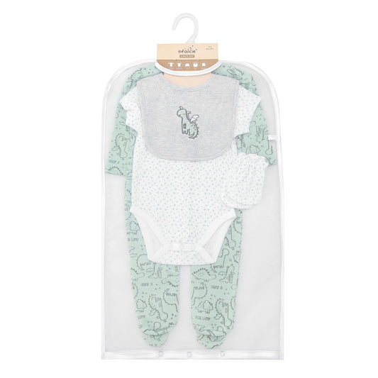 Infancie 5-Pc Baby Layette Set - Grower, Bodysuit,Bib,Hat and Mittens (Green Dino)