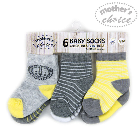 MOTHER'S CHOICE 6-Pk Newborn Baby Socks Set (0-6m, Yellow, Lion)