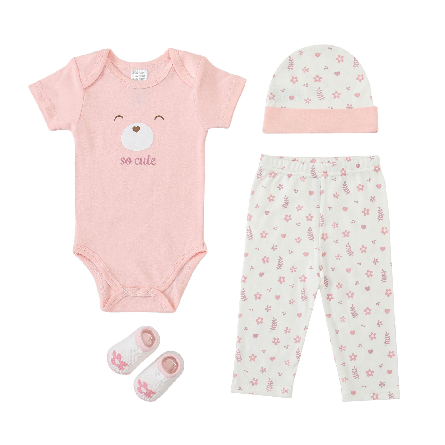 MOTHER'S CHOICE 4-Pc Baby Bodysuit, Pants, Hat & Socks Gift Box Set (Pink Bear)