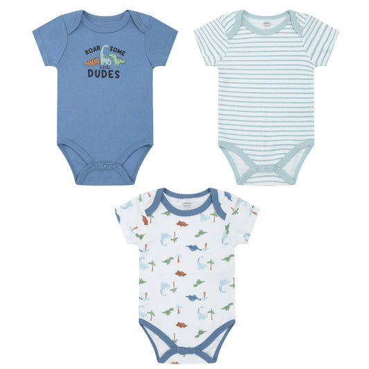 MOTHER'S CHOICE 3-Pc 100% Cotton Short-Sleeved Baby Bodysuit (Blue, Dino, Roar Some Little Dudes)
