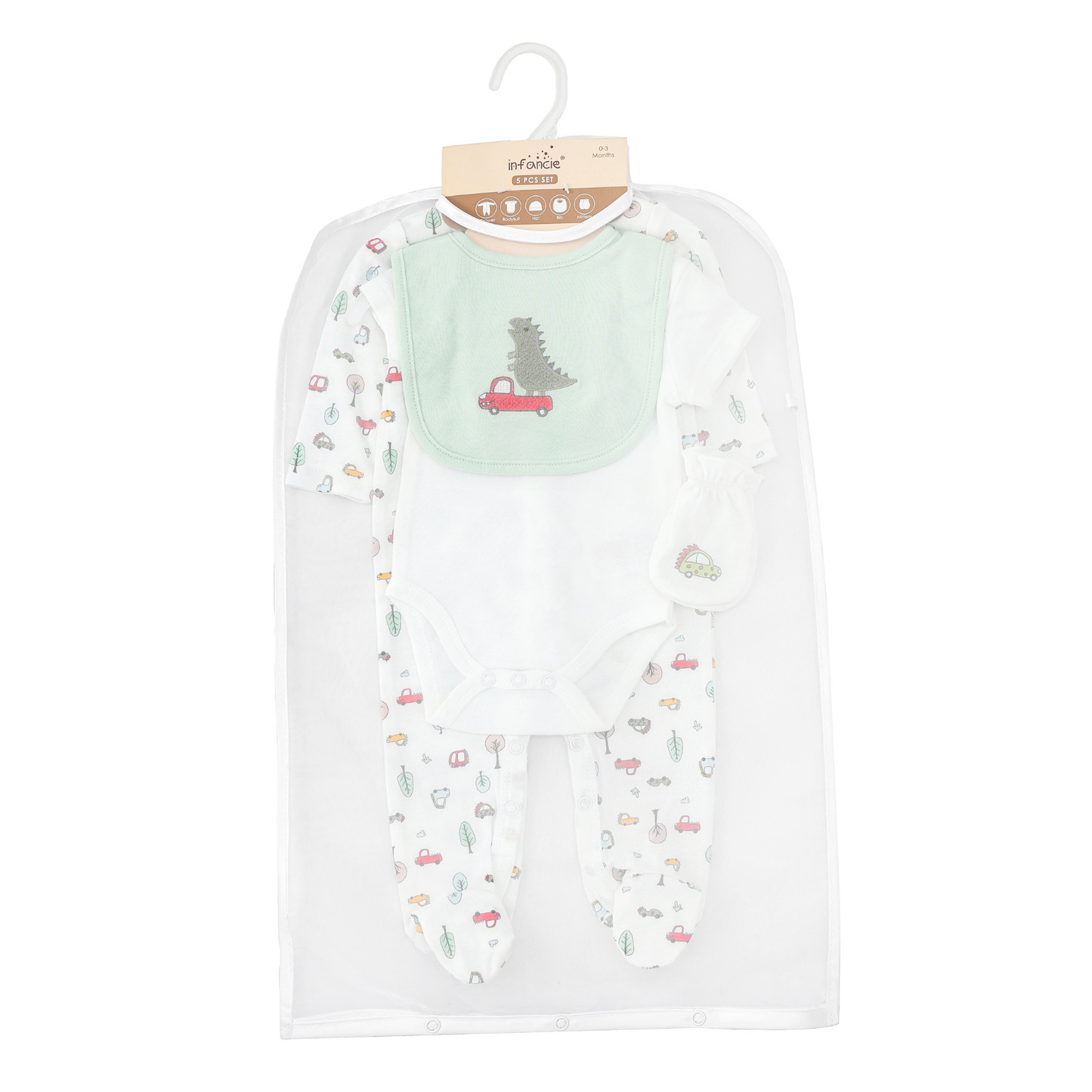 Infancie 5-Pc Baby  Grower, Bodysuit, Bib, Hat & Mittens Layette Gift Set (Dino Car)