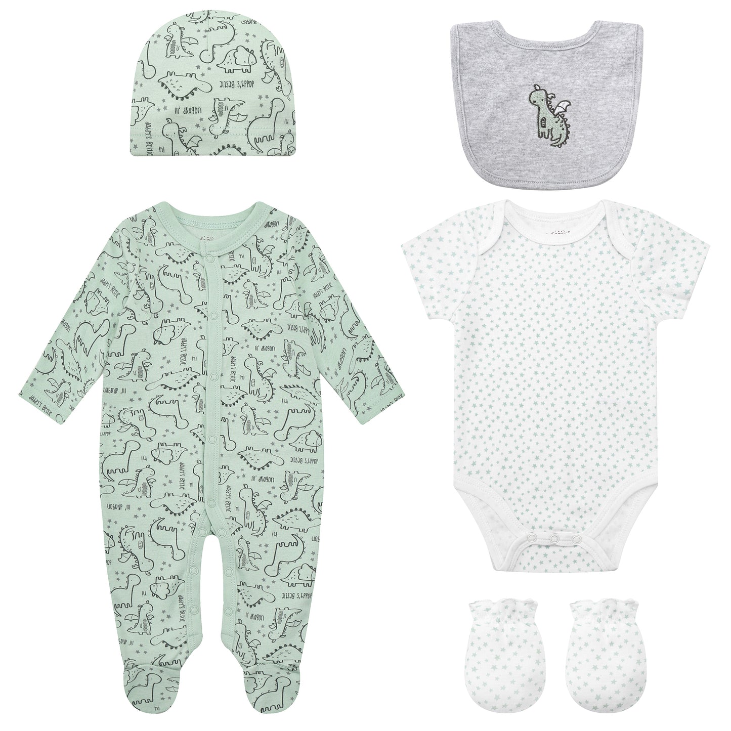 Infancie 5-Pc Baby Layette Set - Grower, Bodysuit,Bib,Hat and Mittens (Green Dino)