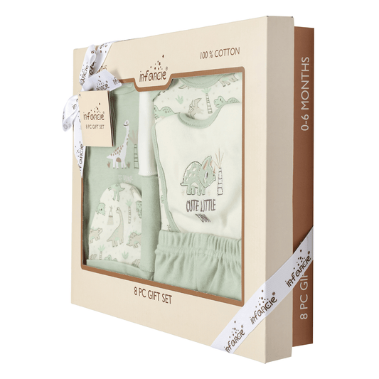 INFANCIE 8-Pc Baby Tee, Bodysuit, Pants, Hat, Bib & & Wash Cloths Gift Box Set (Cute Lil Dino)