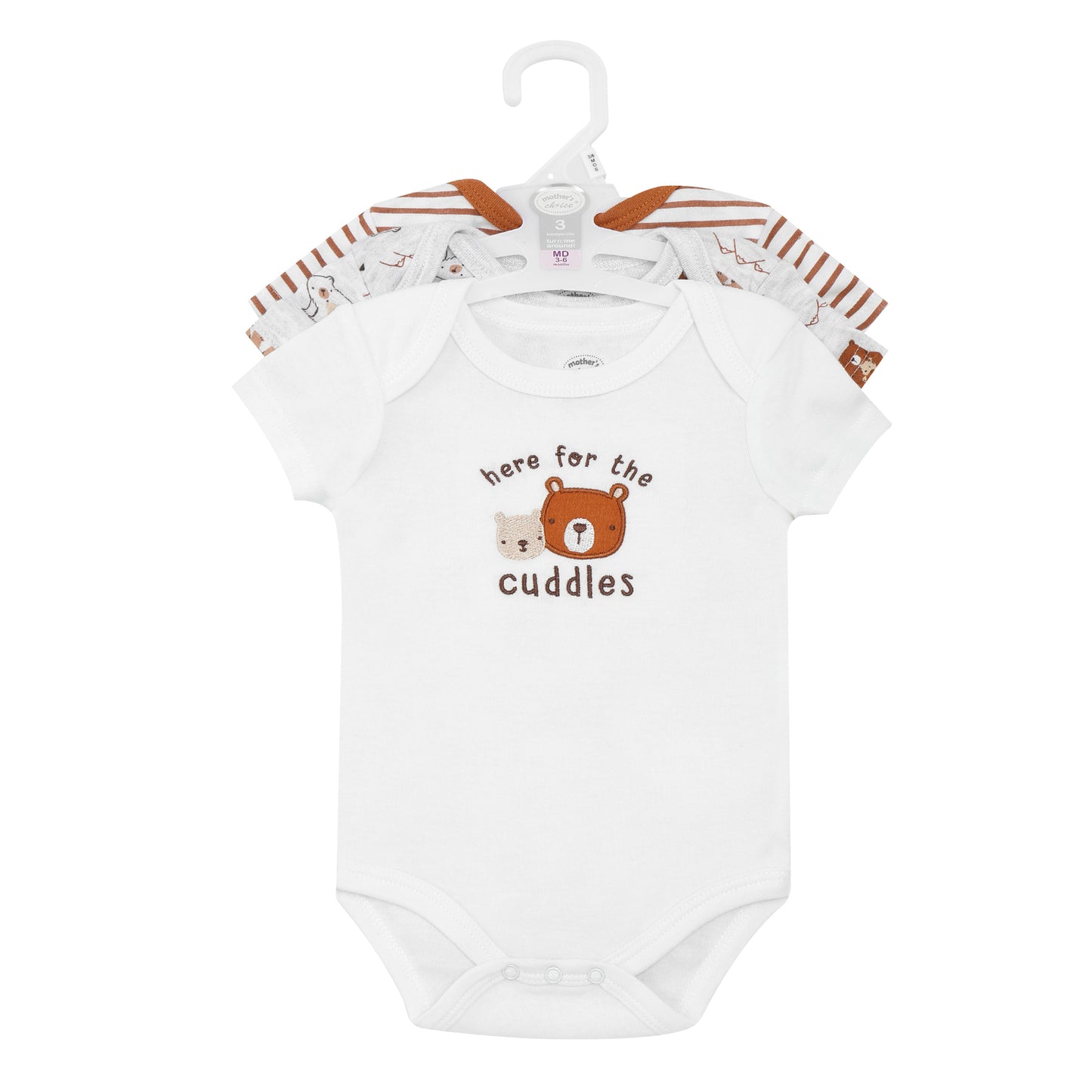 MOTHER'S CHOICE 3-Pc 100% Cotton Short-Sleeved Baby Bodysuit (White-Caramel, Bear,Here for the cuddles)