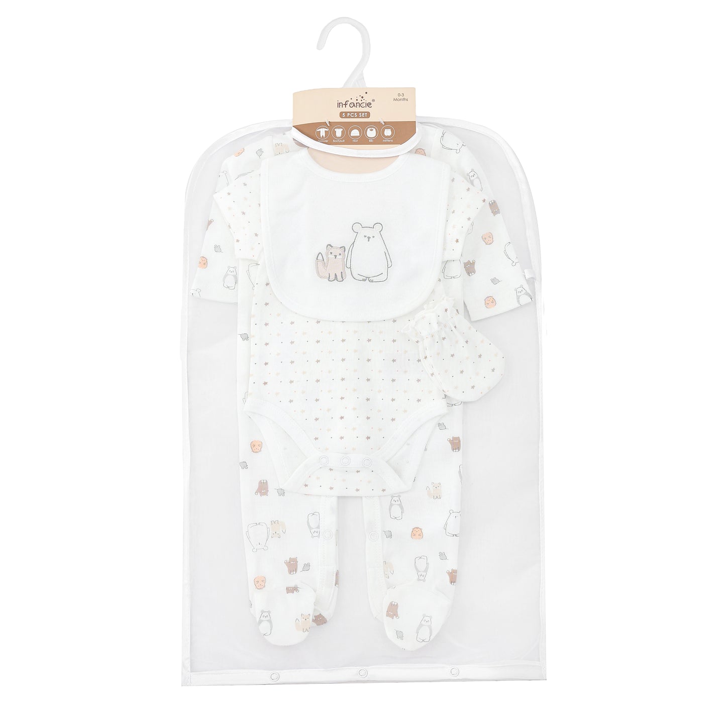 Infancie 5-Pc Baby  Grower, Bodysuit, Bib, Hat & Mittens Layette Gift Set (Chubb Bear)