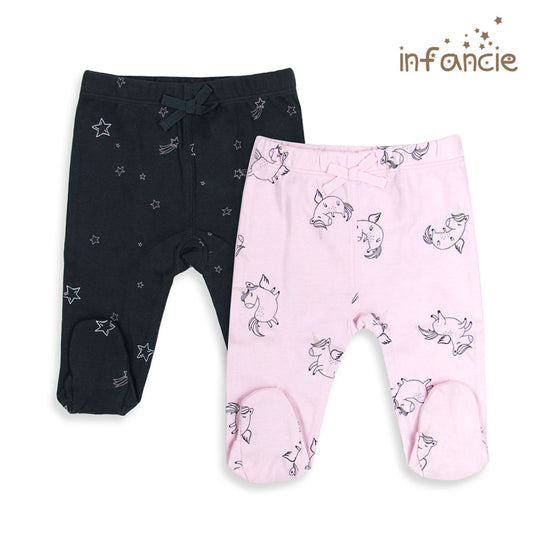 Infancie 2-Pc 100% Cotton Footed Baby Pants (Pink Unicorn)