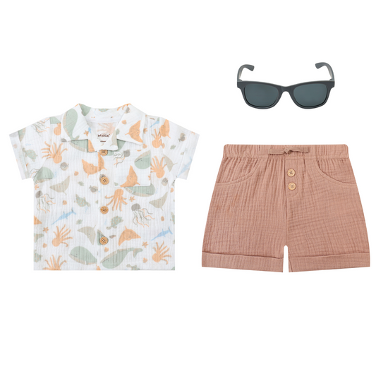 Infancie 3-Pc Baby Muslin Top, Shorts & Sunglasses (Orange Sea World)