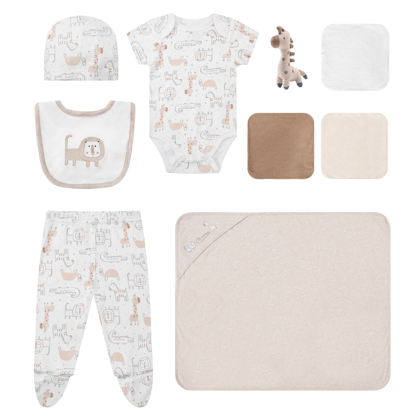 Infancie 10-Pc Baby Layette Set - Bodysuit, Pants, Hat, Bib, Blanket, Toy, 3 Face Cloths & Net bag (Beige Giraffe)