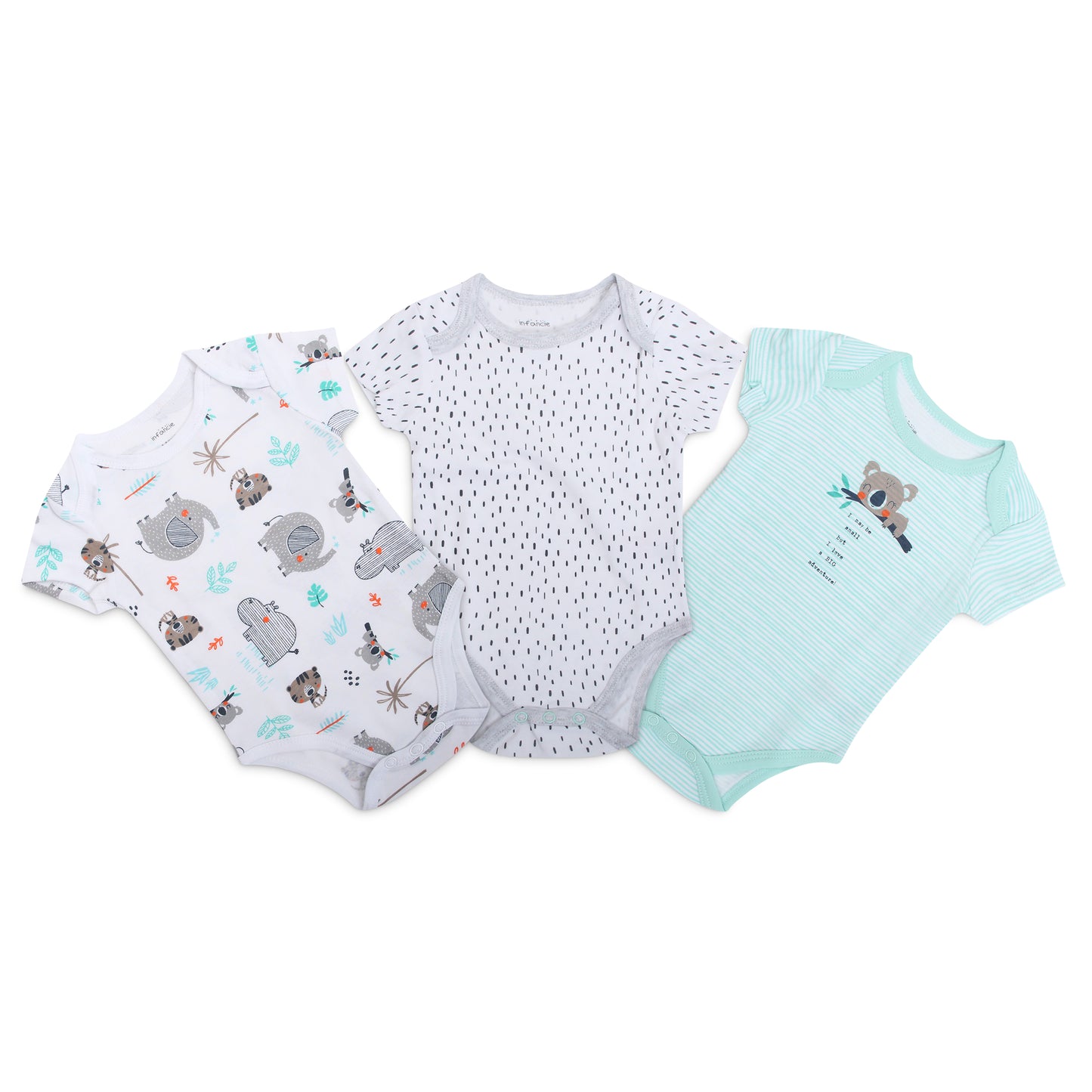 INFANCIE 3-Pc 100% Cotton Short-Sleeved Baby Bodysuits (Mint Jungle)