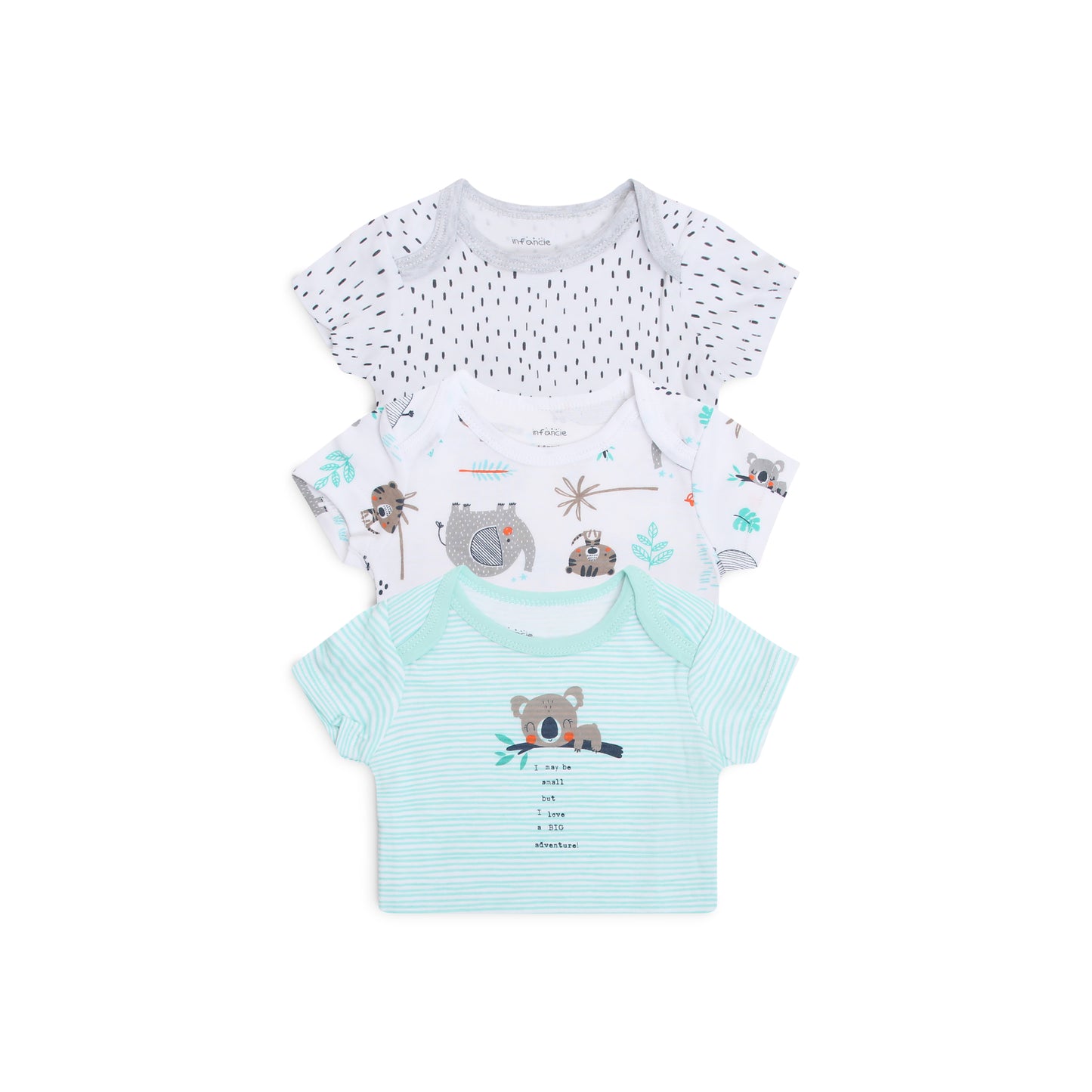 INFANCIE 3-Pc 100% Cotton Short-Sleeved Baby Bodysuits (Mint Jungle)