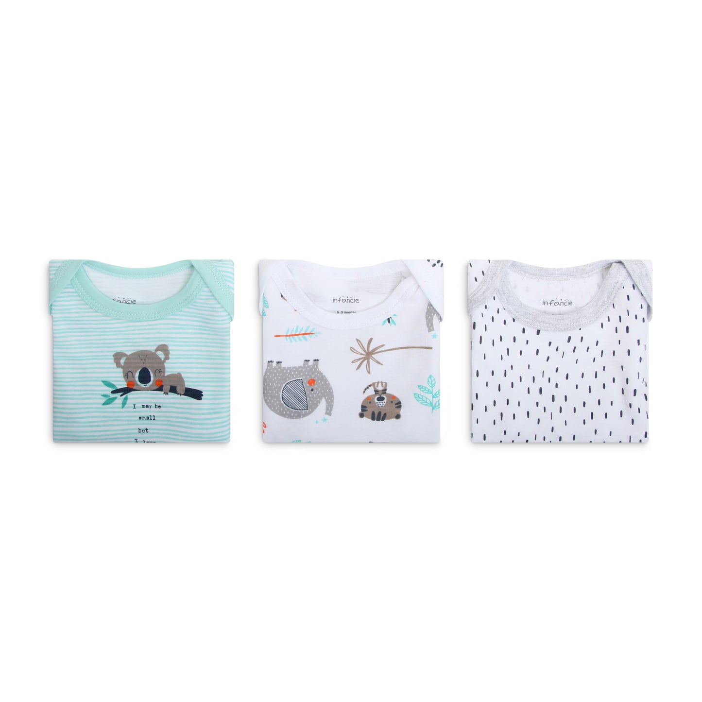 INFANCIE 3-Pc 100% Cotton Short-Sleeved Baby Bodysuits (Mint Jungle)