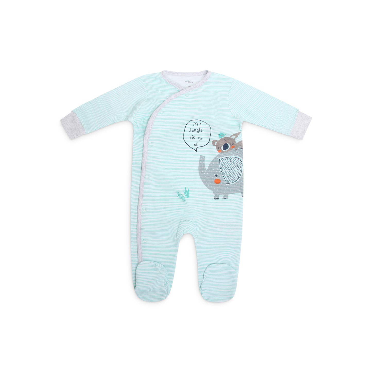 INFANCIE 2-Pc Baby Footed 100% Cotton Footed Babygrower/ Romper (Mint Jungle)