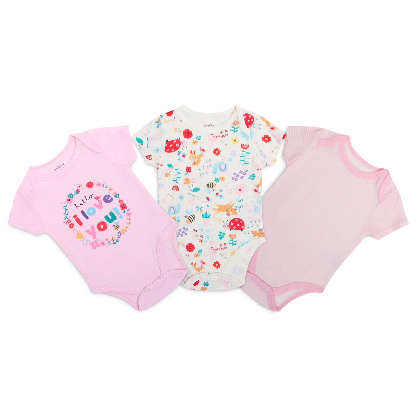 INFANCIE 3-Pc 100% Cotton Short-Sleeved Baby Bodysuits (In the Garden)