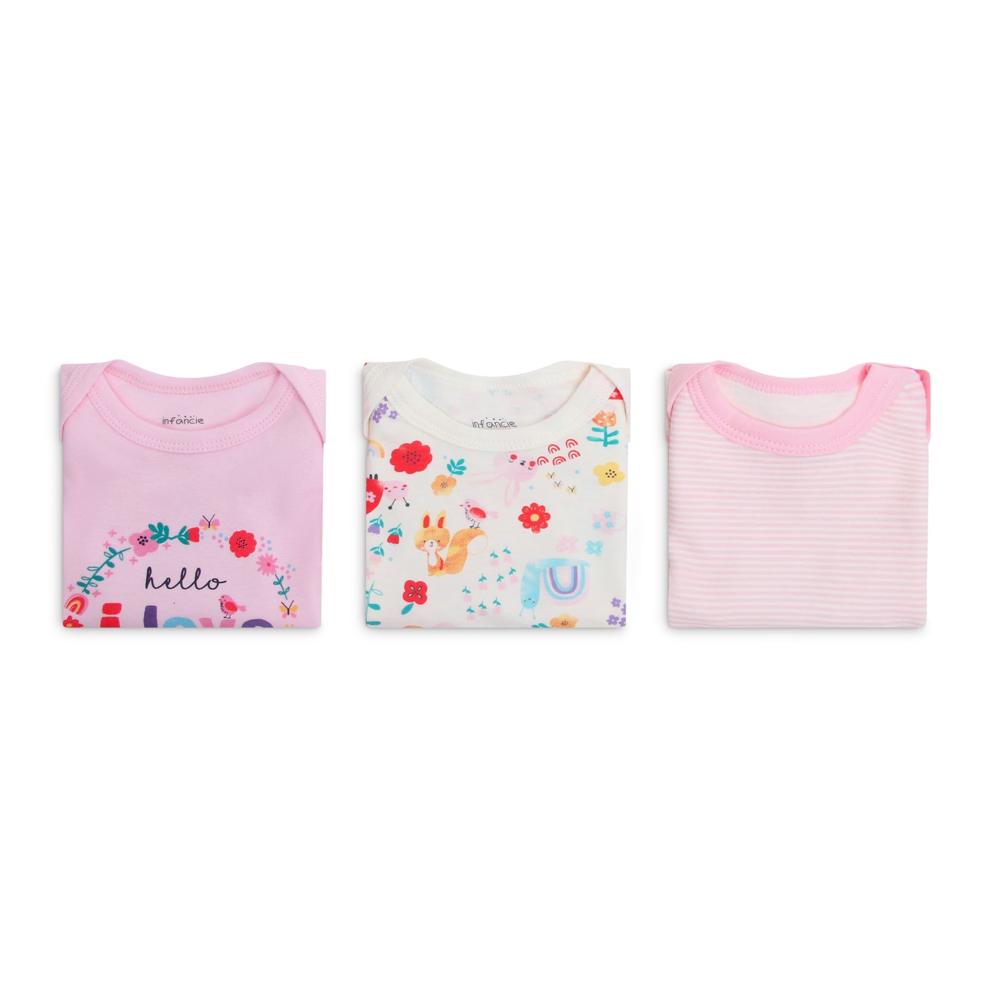 INFANCIE 3-Pc 100% Cotton Short-Sleeved Baby Bodysuits (In the Garden)