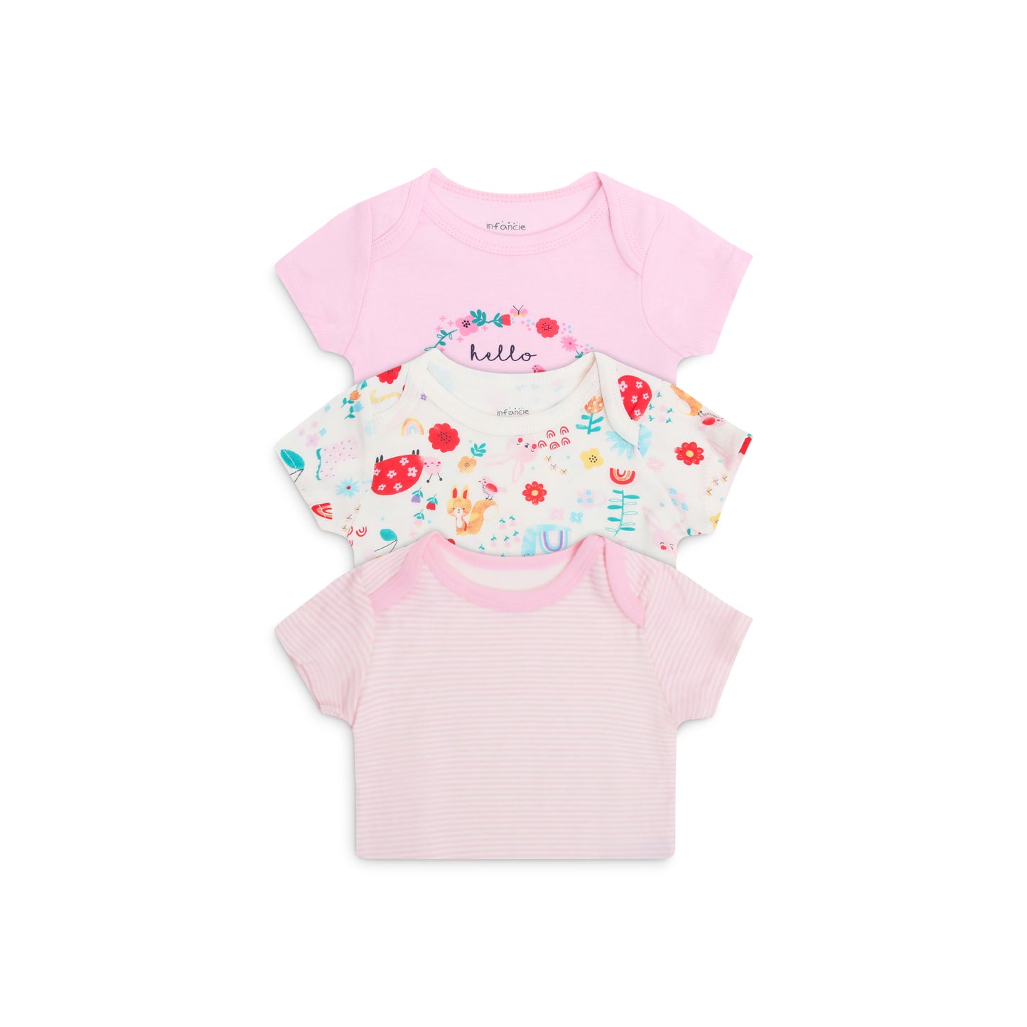 INFANCIE 3-Pc 100% Cotton Short-Sleeved Baby Bodysuits (In the Garden)