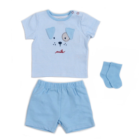 MOTHER'S CHOICE 3-pc Tee, Shorts and Socks set (Blue Doggie)