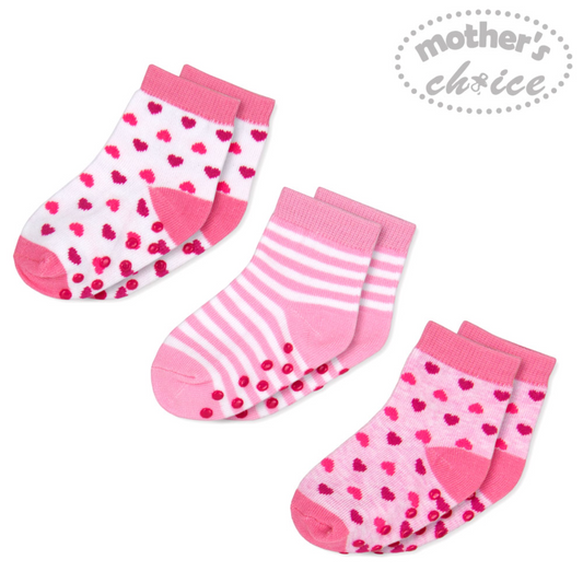 MOTHER'S CHOICE 3-Pk Newborn Baby Socks Box (0-6m, Pink Hearts/Stripes)