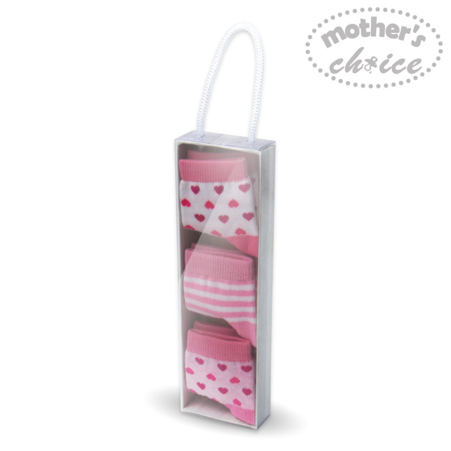 MOTHER'S CHOICE 3-Pk Newborn Baby Socks Box (0-6m, Pink Hearts/Stripes)