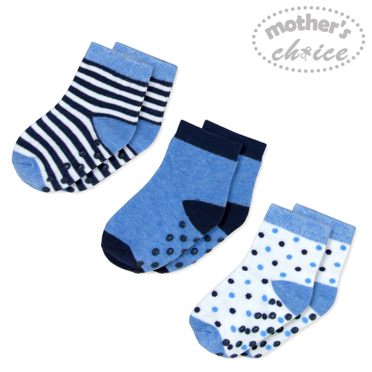 MOTHER'S CHOICE 3-Pk Newborn Baby Socks Box (0-6m, Blue Stripes/Dots)