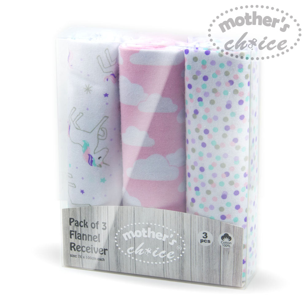 MOTHER'S CHOICE 3-Pc Flannel Receiver With Overlock Binding (Pink/Multi Unicorn)