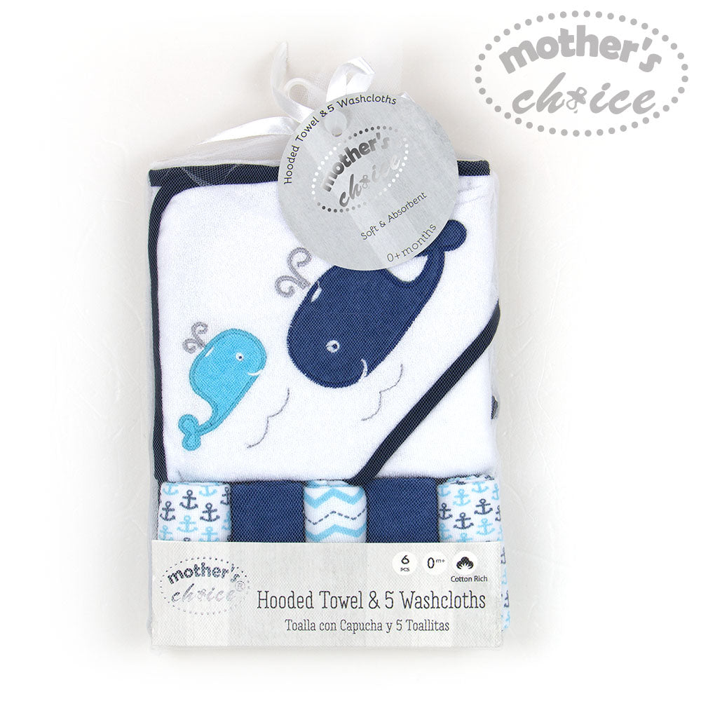 MOTHER'S CHOICE 100% Cotton Hooded Towel with 5 Face-Cloths (Blue)