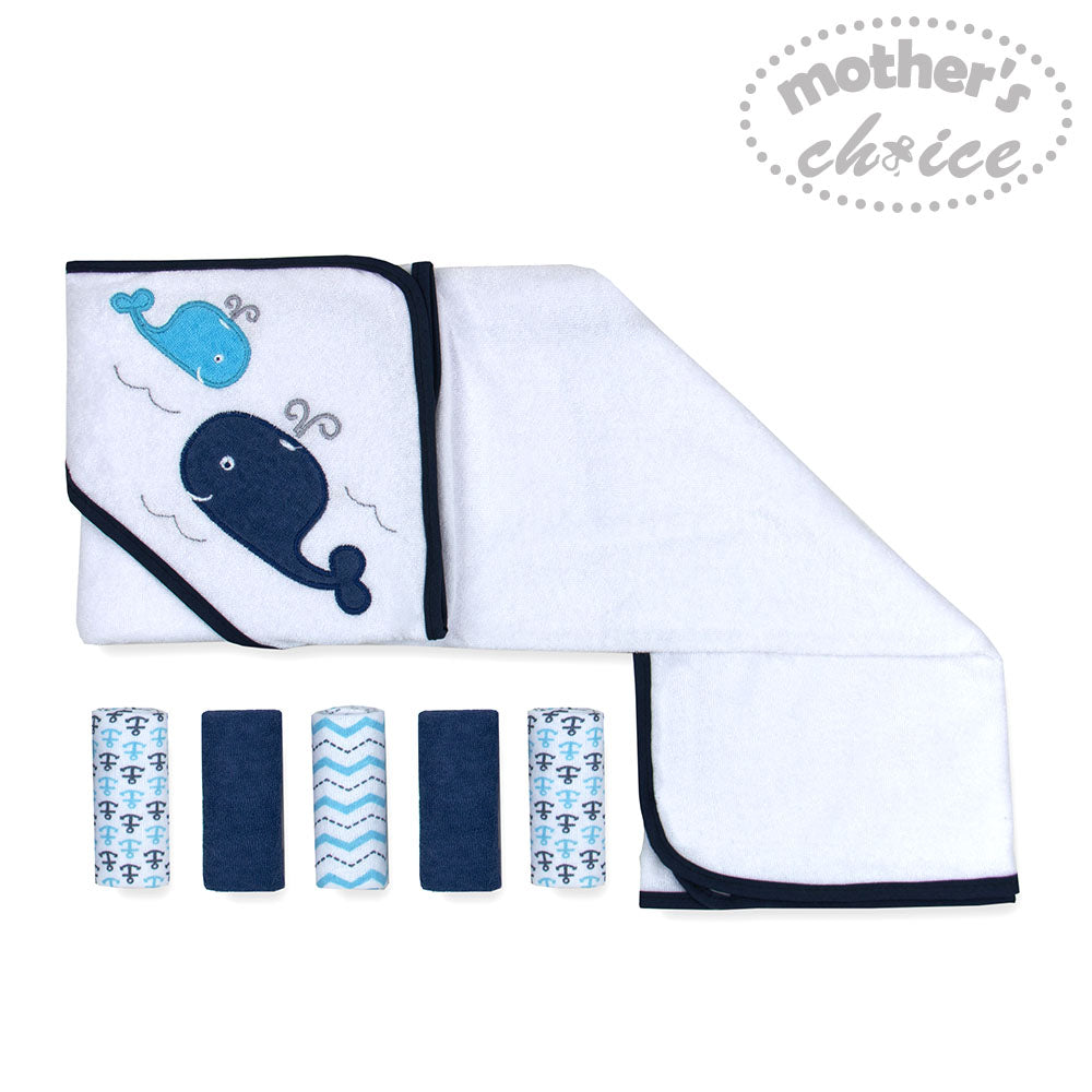 MOTHER'S CHOICE 100% Cotton Hooded Towel with 5 Face-Cloths (Blue)