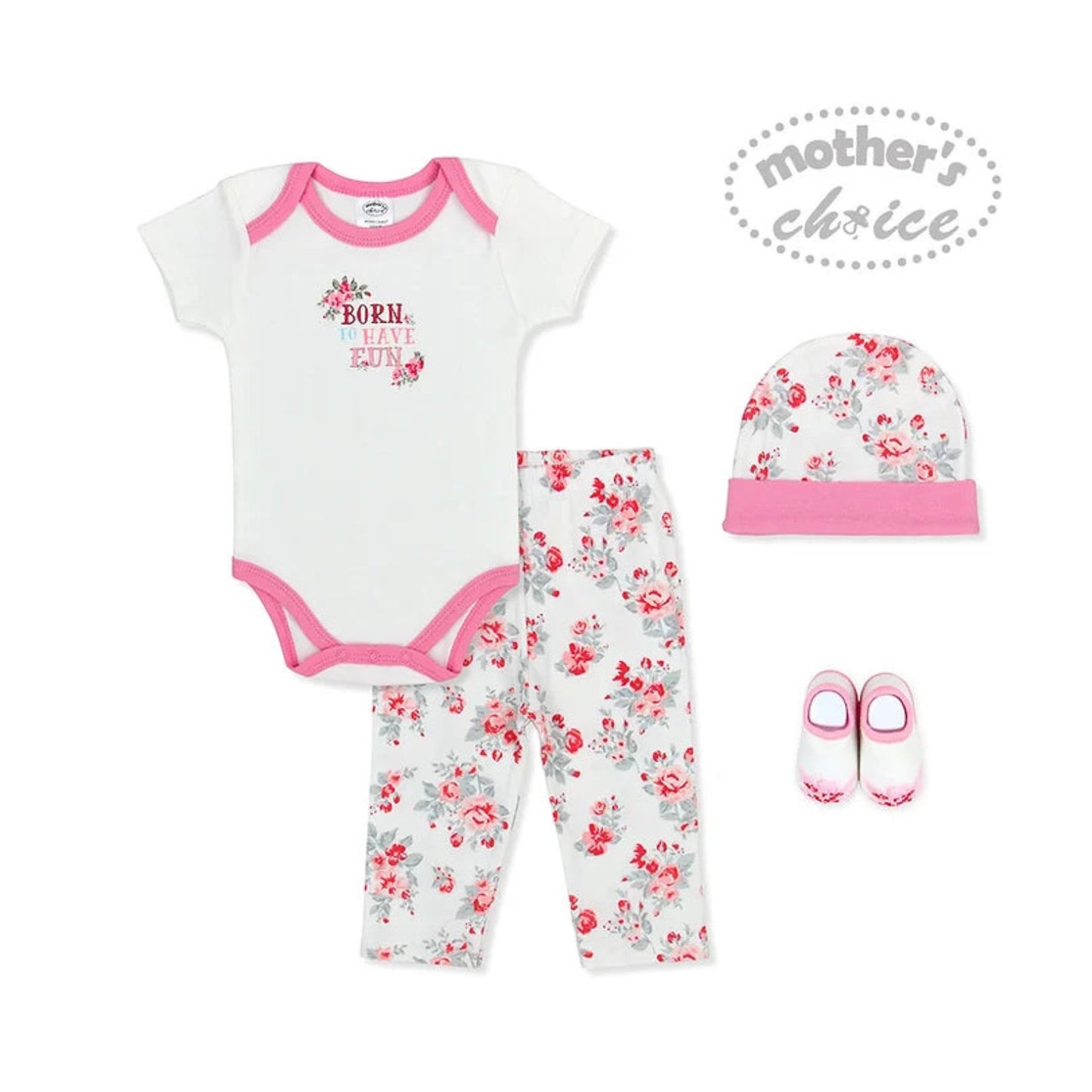 MOTHER'S CHOICE 4-Pc Baby Bodysuit, Pants, Hat & Socks Gift Box Set (Pink Flora)