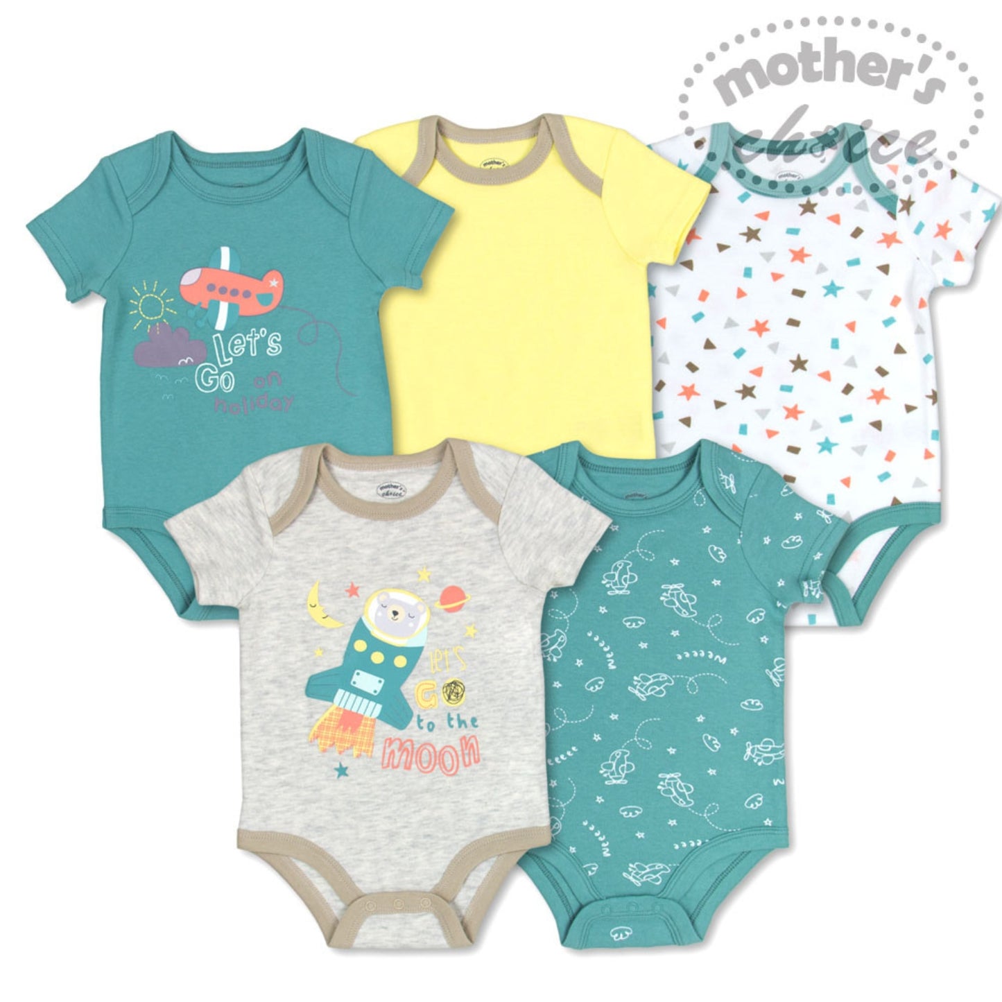 MOTHER'S CHOICE 5-Pc 100% Cotton Short-Sleeved Baby Bodysuit (To the Moon)