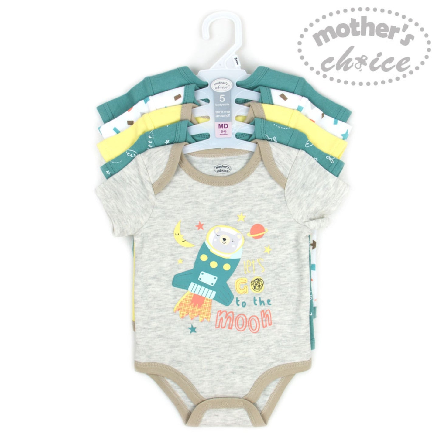 MOTHER'S CHOICE 5-Pc 100% Cotton Short-Sleeved Baby Bodysuit (To the Moon)