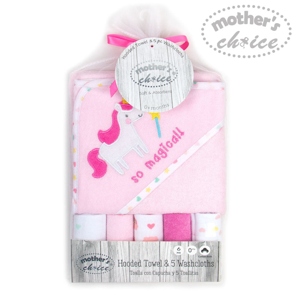 MOTHER'S CHOICE Hooded Towel + 5 Face Cloth (Pink)