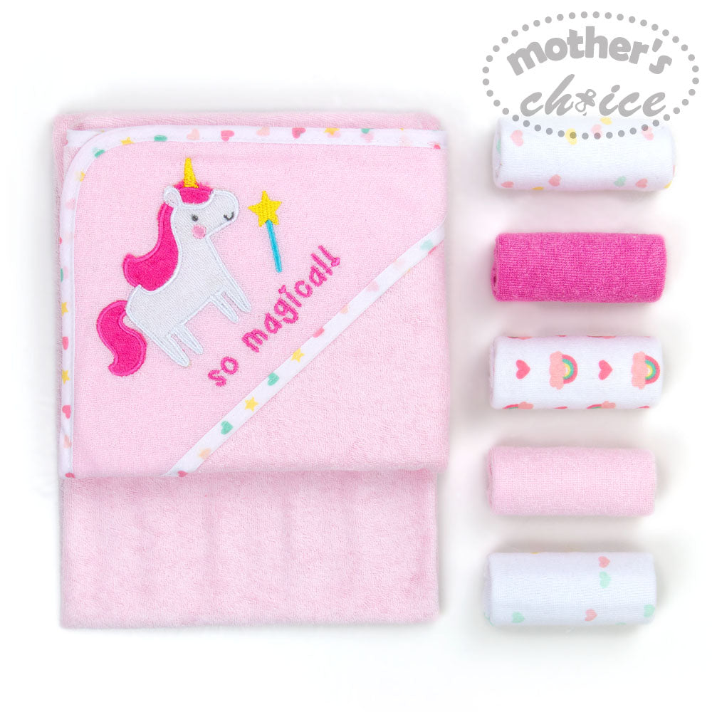 MOTHER'S CHOICE Hooded Towel + 5 Face Cloth (Pink)