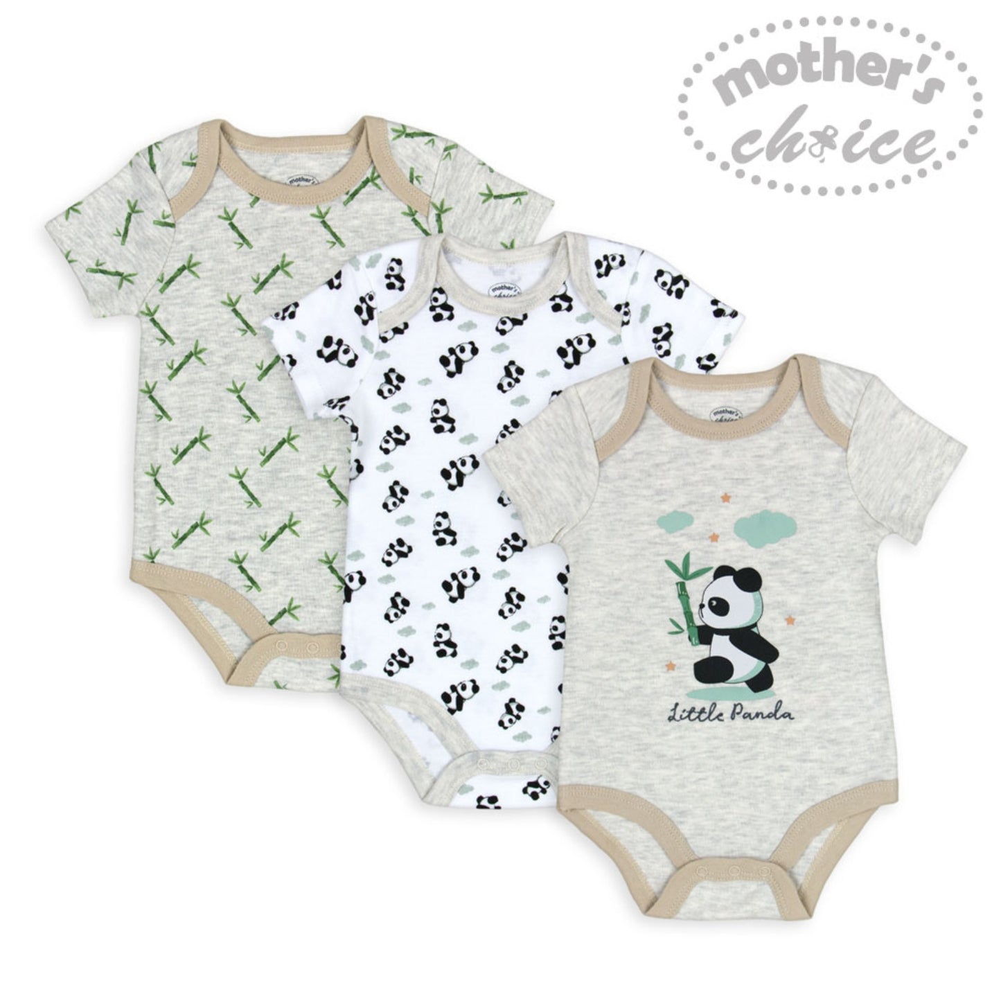 MOTHER'S CHOICE 3-Pc 100% Cotton Short-Sleeved Baby Bodysuit (Panda)