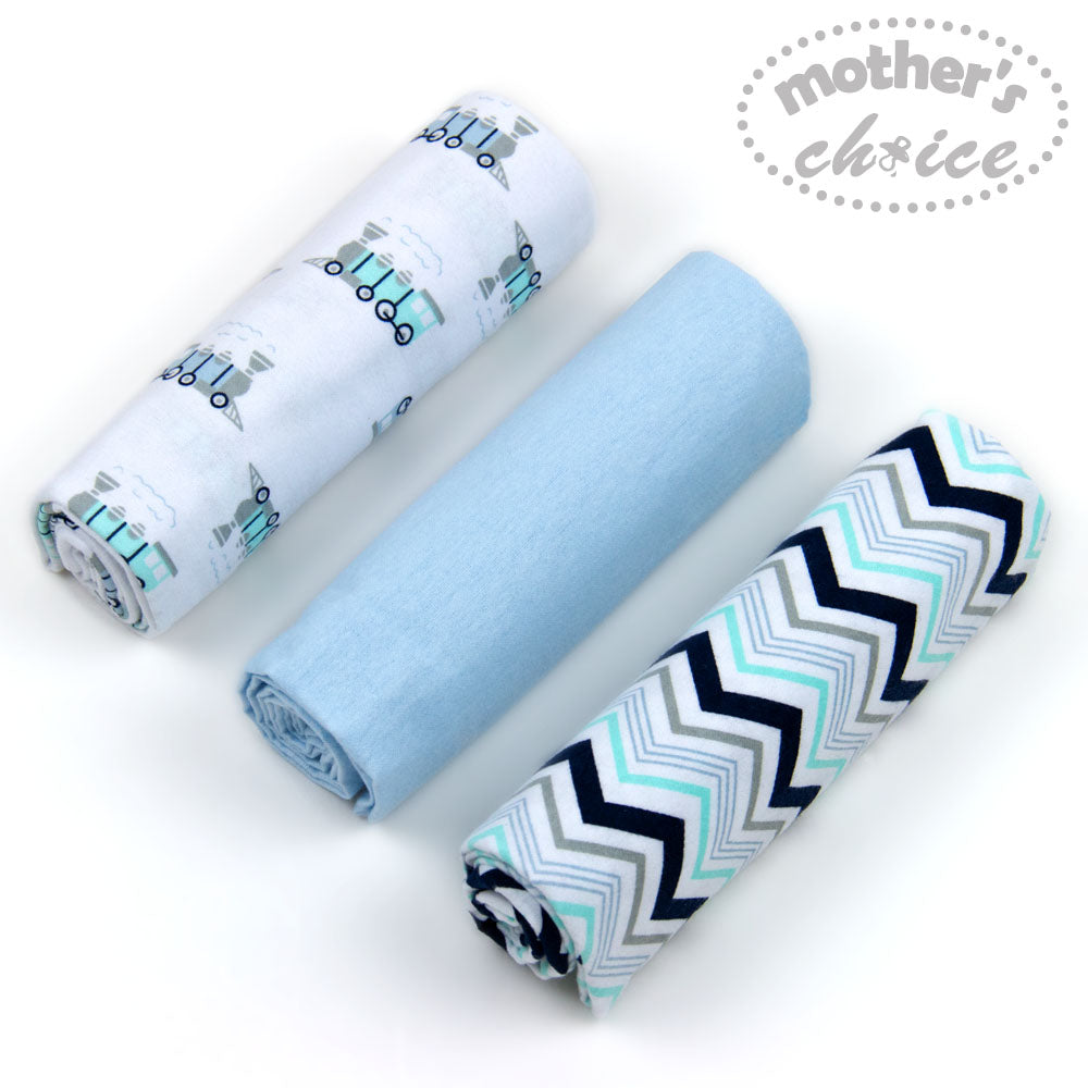 MOTHER'S CHOICE 3-Pc Flannel Receiver With Overlock Binding (Blue Cars)