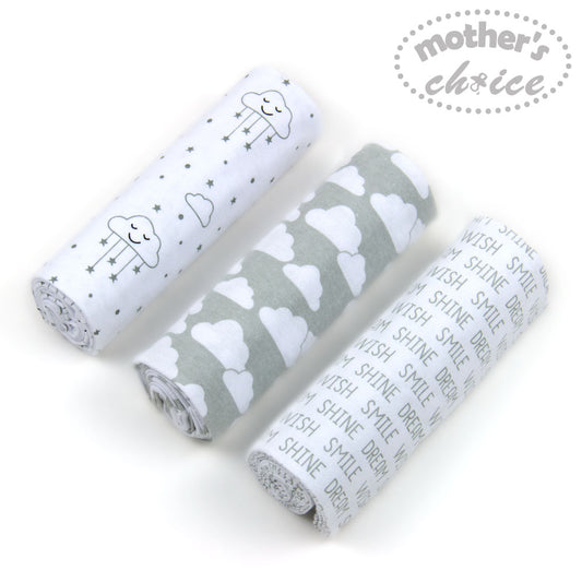 MOTHER'S CHOICE 3-Pc Flannel Receiver With Overlock Binding (Grey Dream Cloud)