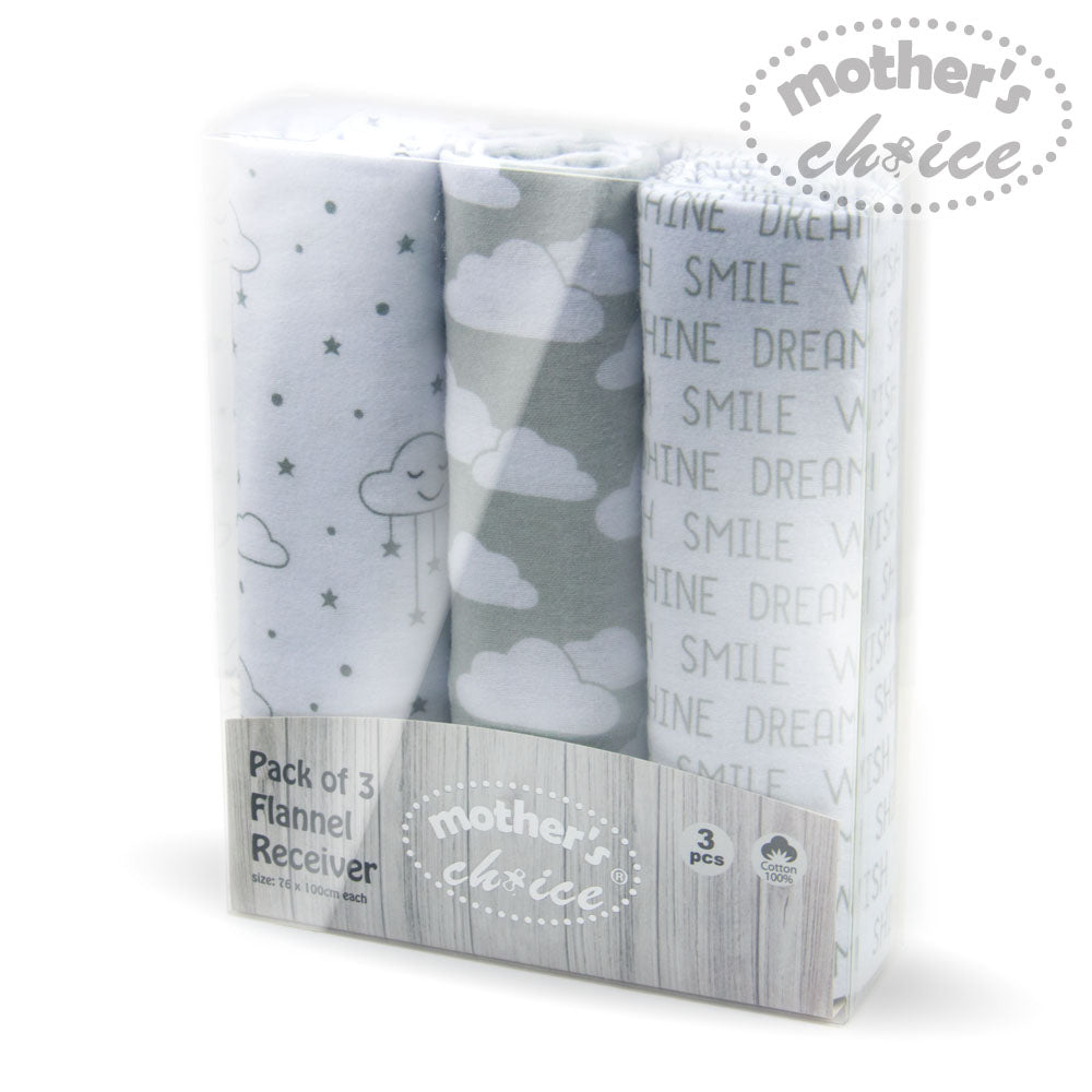 MOTHER'S CHOICE 3-Pc Flannel Receiver With Overlock Binding (Grey Dream Cloud)