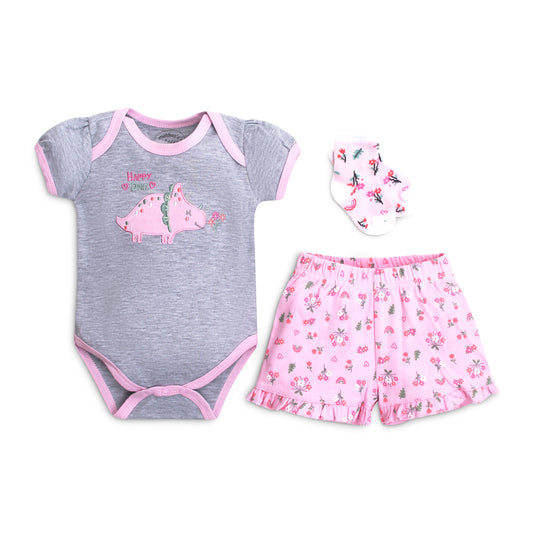 MOTHER'S CHOICE 3-pc Bodysuit, Shorts and Socks set (Flora Dino)