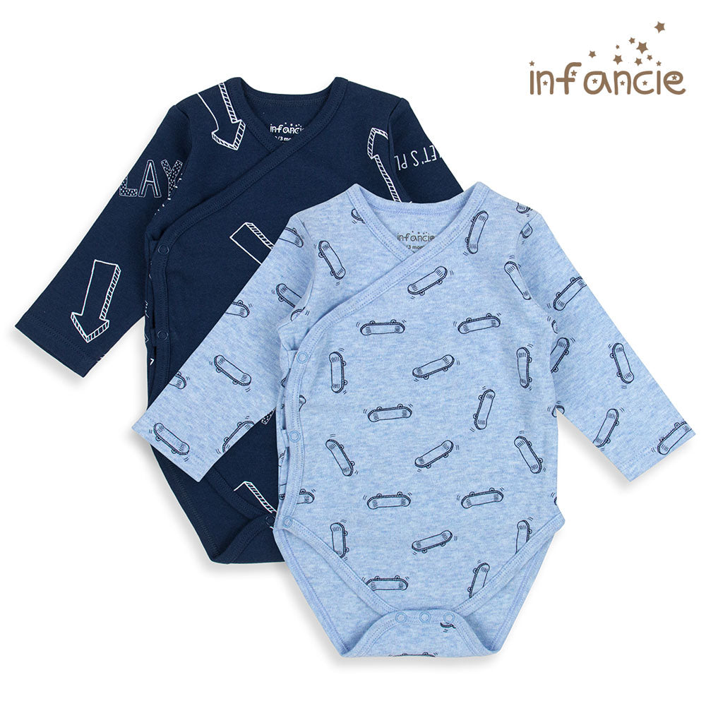 INFANCIE 2-Pc 100% Cotton Long-Sleeved Baby Kimino Bodysuits (Navy/Blue Skateboard)